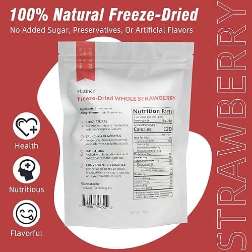 MATINÉE Freeze Dried Strawberries, Whole Dried Strawberries, Dehydrated Fruit, Dried Fruit Snack for Baking, Yogurt & Kids Treats-Vegan, Non-GMO, Preservative Free, 1.2oz, 34g (Pack of 4 Bag) thumbnail 2