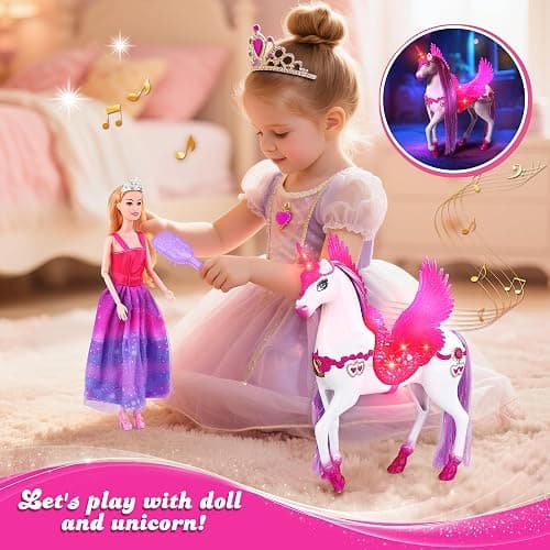 Baljinder Magic Unicorn & Princess Doll, Light-Up Unicorn Toys for Girls 3-6, Christmas Birthday Gifts for Kids Girls Aged 3 4 5 6 7 8 thumbnail 6