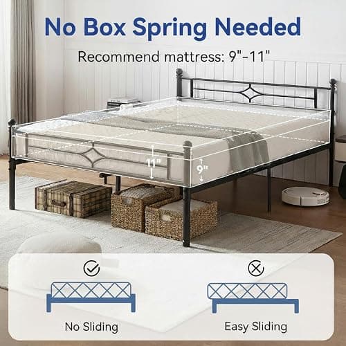 Susalt Metal Bed Frame Queen Size - 14 Inch Platform Bed Frame with Headboard/Heavy Duty Sturdy Mattress Foundation/No Box Spring Needed/Easy Assembly, Black, Queen thumbnail 8