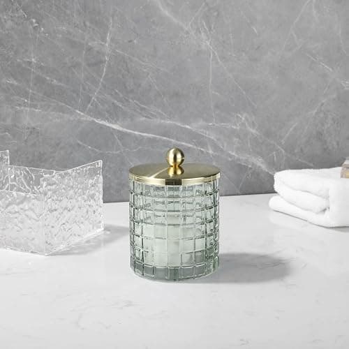 Indecor Home Sage Colored Tranlucent Apothecary Etched Geometric Grid Glass Jar W/Gold Metal Lid Cover for Bathroom Organization, Cotton Balls, Q Tips, and Small Accessories, Bathroom Storage thumbnail 2