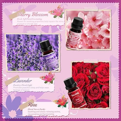 SALKING Floral Essential Oils Set, Premium Pure and Natural Essential Oils, Fragrance Oil Scented Oils for Oil Diffusers 6 x 10 ML - Lavender, Rose, Jasmine, Cherry Blossom, Gardenia, Chamomile thumbnail 3