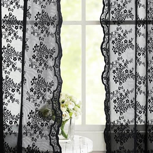 YJ YANJUN Vintage Lace Curtains 84 Inches Long-Victorian Floral Pattern Black Sheer Curtain Panels for Living Room Bedroom,Light Filtering, Gothic Witchy Halloween Drapes 2 Panels 52W x 84L thumbnail 2