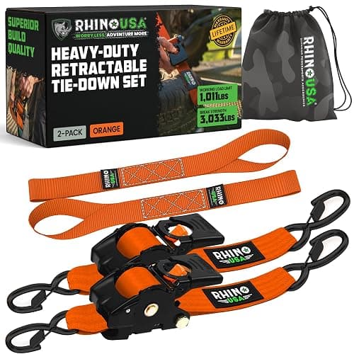 Rhino USA Retractable Ratchet Straps (2-Pack) - 2 Inch x 10 Feet (3,033lb Break Strength) - Heavy Duty Auto Self Retracting Tie Down Straps for Truck, Cargo Trailer, Motorcycle, Rad & More - Orange - Image 1