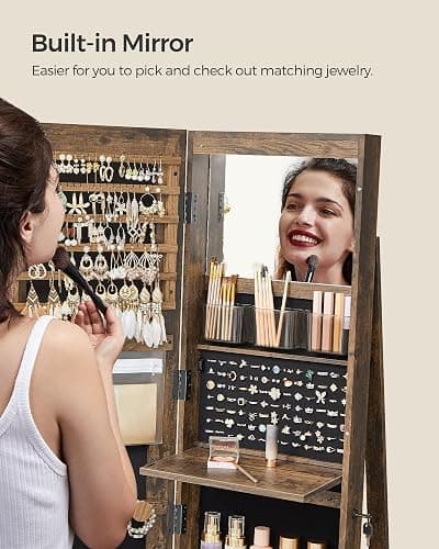 SONGMICS 6 LEDs Lockable Mirror Jewelry Cabinet, 360° Swivel Jewelry Organizer Armoire Standing, Frameless Full-Length Mirror, 3 Storage Shelves, Christmas Gifts, Rustic Brown and Black UJJC007X01 thumbnail 7