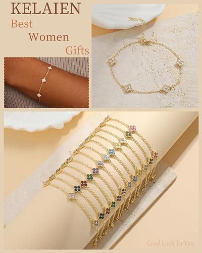 KELAIEN Birthstone Gold Clover Bracelet Dainty 14K Gold Plated Cute Friendship Stackable Bracelets for Women No Tarnish Trendy Charm Best Friend Bracelet Stack for Birthday Jewelry thumbnail 4