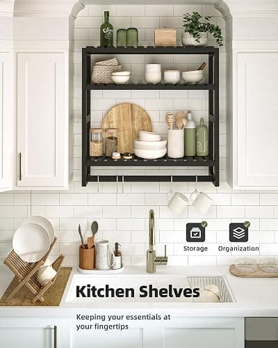 Galood Over The Toilet Storage Bathroom Shelves Wall Mounted 3 Tier Space Saver Corner Shelf Organizer Bamboo Towel Rack Toilet Paper Cabinet with Hanging Rod Black thumbnail 6