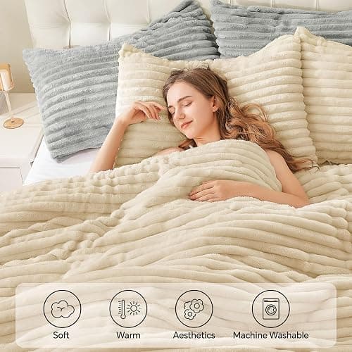 BEDELITE Fleece Queen Comforter Set -Super Soft & Warm Fluffy Beige Bedding, Luxury Fuzzy Heavy Bed Set for Winter with 2 Pillow Cases thumbnail 3
