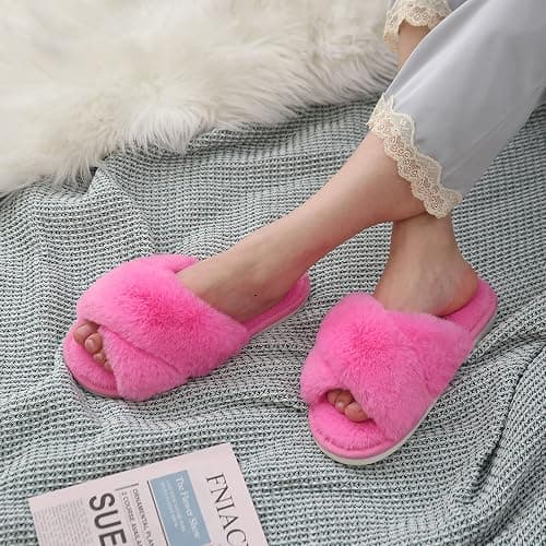 Evshine Women's Fuzzy Slippers Cross Band Memory Foam House Slippers Open Toe thumbnail 2