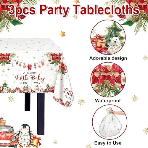 3 Pcs Christmas Baby Shower Tablecloth Christmas Baby Shower Decorations | 108x54 in, Disposable, Plastic, Waterproof, A Merry Little Baby Shower, Santa Baby Tablecloth thumbnail 4