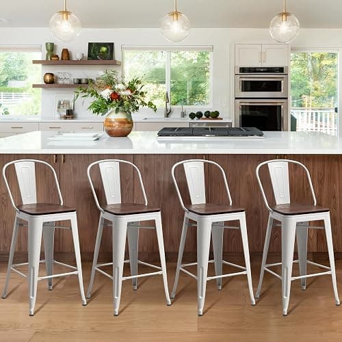 Aklaus Metal Bar Stools Set of 4,26 inch Barstools Counter Height Bar Stool with Backs Farmhouse Bar Stools with Larger seat High Back Kitchen Dining Chairs Modern Bar Chairs White Cream Stool thumbnail 6