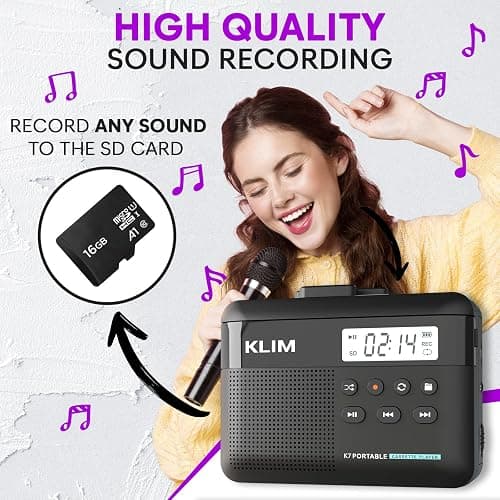 KLIM K7 Cassette Tape Player + Cassette to MP3 Converter + Portable Cassette Player + Walkman Cassette Player + Built-in Microphone & Speaker + Rechargeable Battery + Earphones + 16GB SD Card thumbnail 4