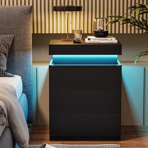 ADORNEVE Nightstand with Charging Station and LED Lights,Night Stand with Sliding Top,Bedside Table with Drawers,Modern End Side Table for Bedroom,Black - Black - Image 1