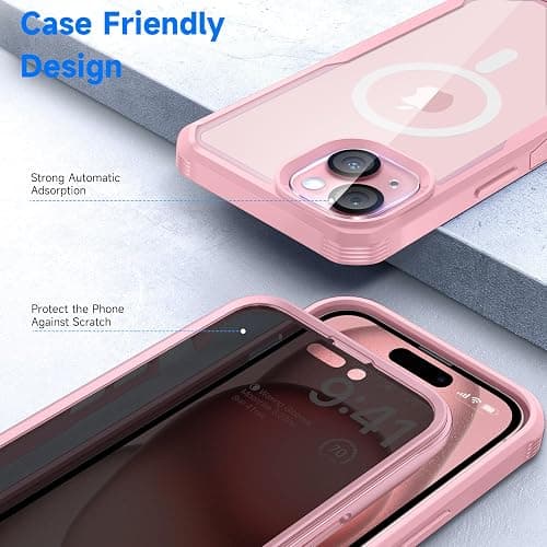 seacosmo for iPhone 15 Case, Full Body Bumper with Built-in 9H Tempered Glass Privacy Screen and Camera Lens Protector, Compatible with MagSafe, Shockproof 15 Phone Case, 6.1", Pink thumbnail 7
