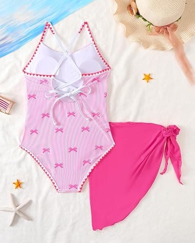 Sewetier Girls Swimsuit Criss Cross Ruched One-Piece Bathing Suit with Mesh Cover Up Skirt Adjustable Straps Swimwear 7-16Y thumbnail 6