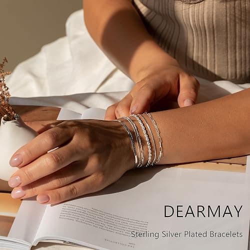 DEARMAY Dainty Silver Plated Bracelets for Women Trendy, Silver Jewelry Set for Women Bracelets for Women Paperclip Box Herringbone Figaro Rope Chain Bracelet Fashion Pack Gifts for Women thumbnail 4