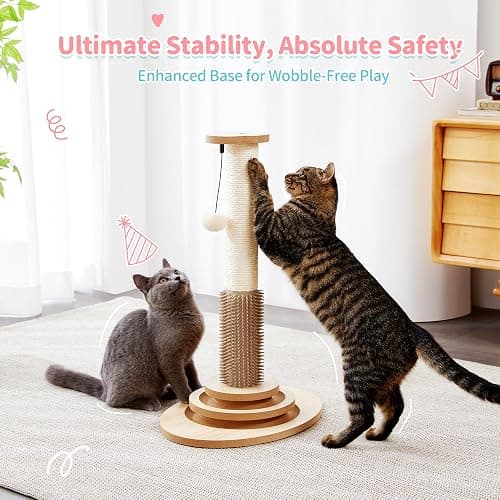 Made4Pets Cat Scratching Post, 23" Tall Sisal Cat Scratcher Post with Self Groomer, 4-in-1 Interactive Trackball Toys with Hair Brush, Vertical Cat Climbing Tree with Dangling Plush Balls thumbnail 5