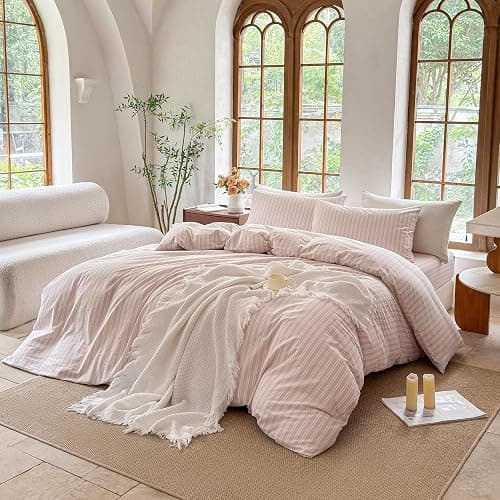 BESTDESIL Striped Duvet Cover Set,100% Washed Cotton Linen Like Comforter Cover,Breathable,Durable,Comfy(Strip-Greyish Pink/White,Queen Size) thumbnail 3