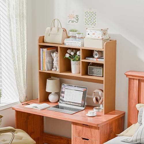 Nova Microdermabrasion Wooden Desktop Bookshelf with 6 Shelves–3-Tier Desk Organizer Hutch for Computer Desk, Home or Office (Natural) thumbnail 7