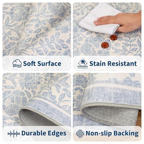 Garvee Blue Floral 8x10 Area Rug for Living Room Washable Boho Dorm Rug | for Bedroom Vintage Flower Soft Girls Room Rug Non-Slip Nursery Rug for College Playroom Dining Room Dorm Baby room thumbnail 9
