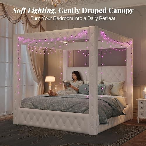Jocisland Queen Canopy Bed Frame Velvet Upholstered Headboard, Cream | 74.8" Tall Four Poster, Deep-tufted velvet, 51.2" headboard, USB-A & USB-C outlets, No box spring needed, 45-min assembly thumbnail 8