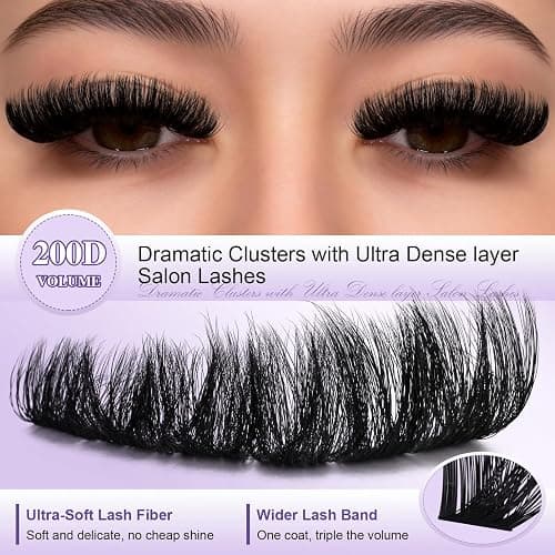B&Q Fluffy Lash Clusters 200D,Dramatic Full Eyelash Clusters Volume 10-18mm | Thick Cluster Eyelash Extensions, Supersoft 05mm Wide Band Individual Lashes,Wispy Full Cluster Lashes，D Curl Lashes Clusters thumbnail 2