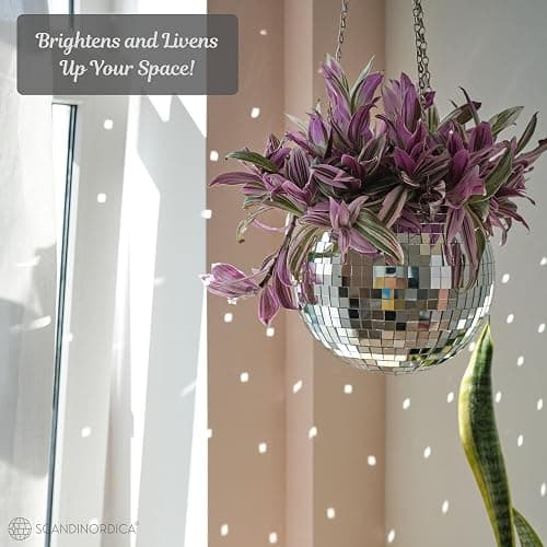 SCANDINORDICA Disco Ball Planter – Value Package: Disco Planter with Chain, Macrame Hanger and Acrylic Stand, Includes Self Watering Insert, Preppy Room Decor, Funky Decor | 8 inch Silver thumbnail 4