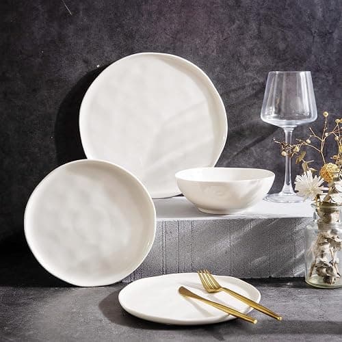 LERATIO Ceramic Dinnerware Sets for 4,Porcelain Plates and Bowls Sets with Wavy Edge,Microwave & Dishwasher & Oven Safe,Light Weight & Scratch Resistant Dishes Sets - Image 1