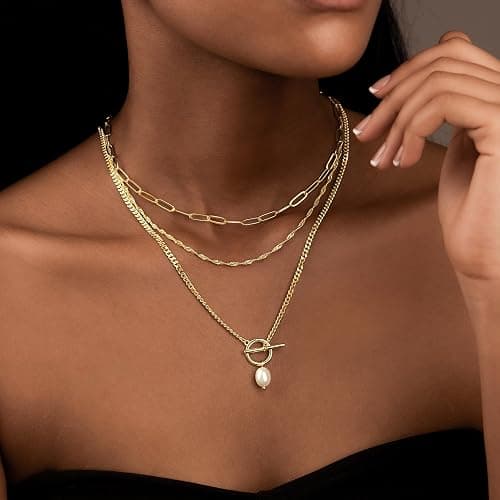 Poxtex Layered Gold Necklaces for Women,Stackable Dainty 14K Gold Silver Plated Trendy Circle Paperclip Chain Pendant Choker Necklace,Simpl Diamond Cross Bow Jewelry Set Gifts for Women thumbnail 4