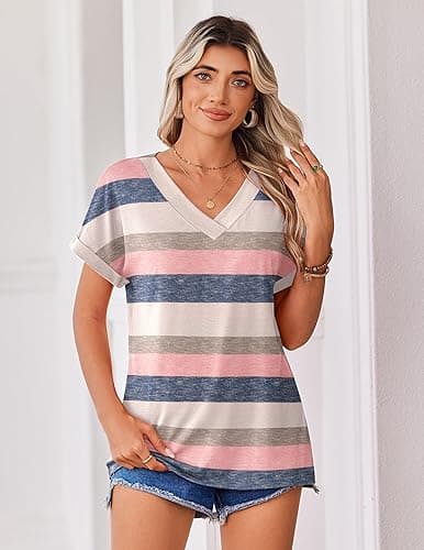 Zeagoo Womens Summer Tops Rolled Short Sleeve V Neck Shirts Casual Dressy Business Work Blouses Outfits thumbnail 4