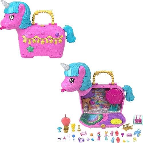 Polly Pocket Dolls & Playset with Pets & 25+ Surprise Accessories, Birthday Celebration Unicorn Partyland Playset, Hot Air Balloon Ride - Image 1