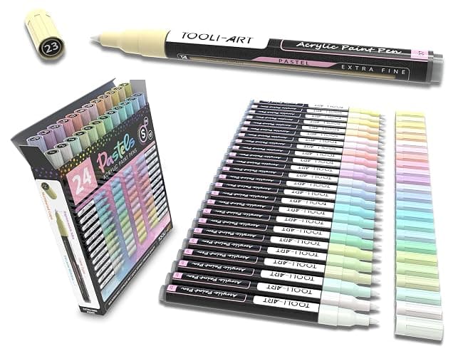 TOOLI-ART 24 marqueurs de peinture acrylique pastel avec pointe extra fine de 0,7 mm pour peindre sur la roche, le verre, le bois, le métal, la toile, les détails, non toxique, à séchage rapide. - Image 1
