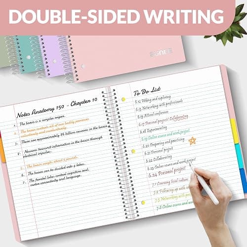 SUNEE 5 Subject Notebook College Ruled - 400 Pages, 9"x11", 5 Pocket Colored Dividers, 3-Hole Punched Paper, Pink thumbnail 6
