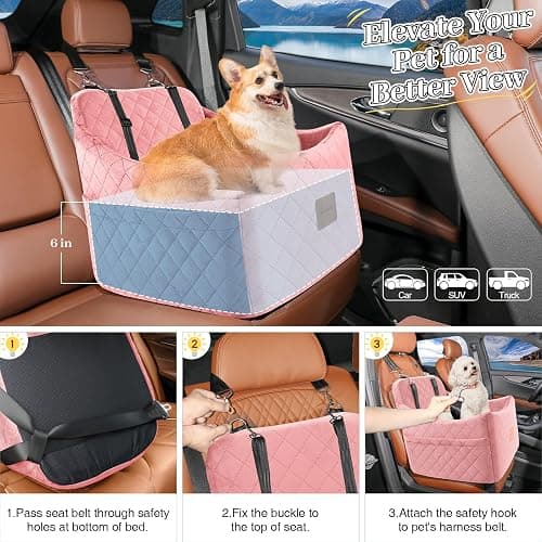 INDYBUD Dog Car Seats for Small Medium Dogs, Portable Detachable Washable Puppy Car Seat for Dog Up to 35lbs, Pet Booster Seat with Storage Pockets and Safety Belt (Pink, Medium) thumbnail 6