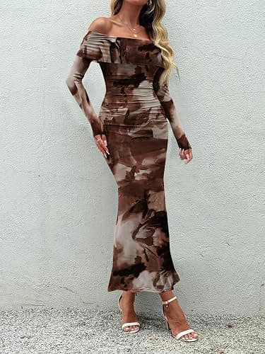 LILLUSORY Off The Shoulder Bodycon Floral Dress 2025 Fall Long Sleeve Maxi Wedding Guest Cocktail Going Out Club Dresses thumbnail 6