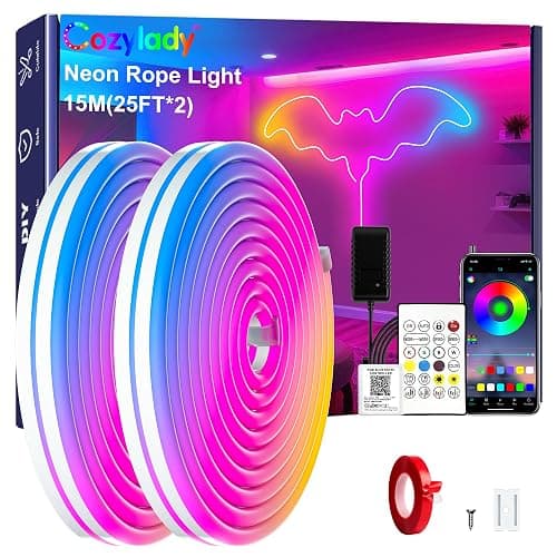 Cozylady RGB Neon LED Rope Lights, Waterproof Bluetooth APP Remote Control Music Sync Strip Lights, 24V Flexible DIY Silicone Light for Bedroom Home Indoor Outdoor Decor (15M/50Ft) - Image 1