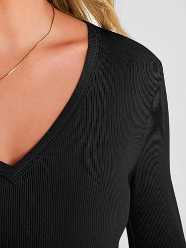 ANRABESS Women's Long Sleeve Deep V Neck Tops Dressy Casual Shirts | Fall Business Work Blouse, Basic Tee Shirt, Slim Fit, Stretchy Soft Ribbed Knit Fabric, Winter Layer Vacation &Every Day Wear thumbnail 2