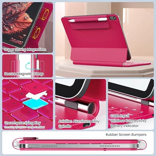 RAYMCRAFT for iPad 11th(A16, 2025)/10th Generation Case with Keyboard, Magic Keyboard 2022, Springy Backlit Keys, Stain-Resistant Surface, Multi-Touch Trackpad, Azalea Red thumbnail 5