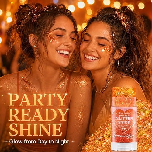 Paminify Orange Hair Glitter Stick,Cheer Orange Body Face Glitter Stick,Waterproof Singer Concert Outfits for Women,Mardi Gras Accessories,Halloween Chunky Glitter Cosplay Makeup Sequins thumbnail 2
