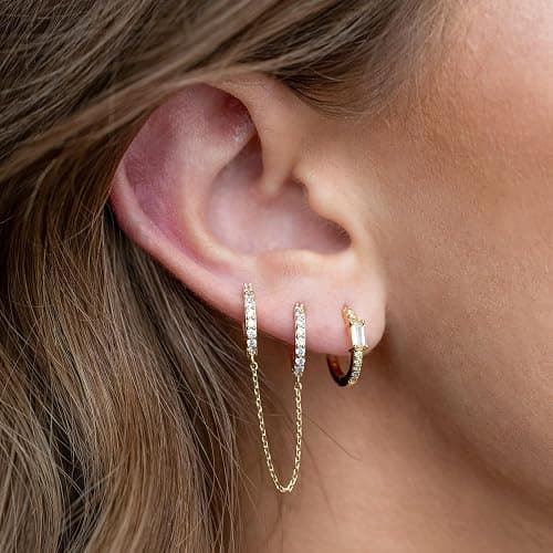 CERSLIMO Small Huggie Hoop Earrings for Women, 14K Gold Plated Sterling Silver Post Chain Hoops Hypoallergenic Dangle Drop Earrings thumbnail 3