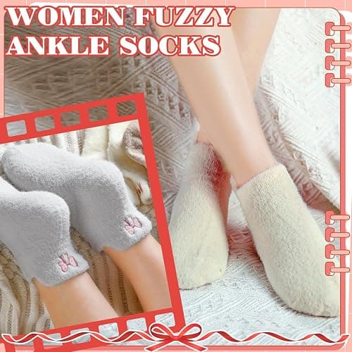 Skicuff 5 Pair Women Bow Fuzzy Socks Stuff Coquette Pink Cozy Fluffy Ankle Slipper Socks for Women Girls Preppy Stuff thumbnail 7