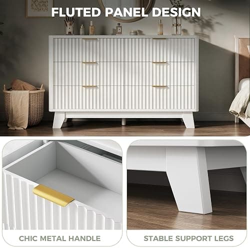 Jocoevol Fluted 6 Drawer Dresser for Bedroom, White | 47" Wooden Chest of Drawers with Curved Profile Design, Modern TV Stand with Metal Handle for Living Room/Hallway thumbnail 8