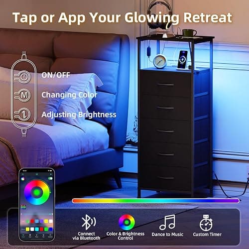 Somdot Black Nightstand with Charging Station and LED Light for Bedroom, Tall 5 Drawers Dresser with Fabric Bins for Bedside Kids Dorm Room Closet Laundry Entryway, Black thumbnail 4