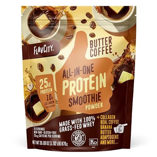 FlavCity All in One Protein Shake Powder, Butter Coffee - 55mg Caffeine + Collagen Peptides, Reishi & Cordyceps - Focus, Skin, Hair & Joint Support - 100% Grass Fed Whey, 20 Servings - Image 1