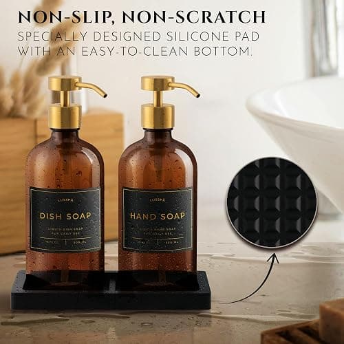 Glass Soap Dispenser Set of 2 (Amber) with Silicone Tray | Hand and Dish Soap Dispenser for Kitchen and Bathroom | 16.8 Oz Glass Bottles with Stainless Steel Pump & 15 Waterproof Labels (Amber/Gold) thumbnail 3