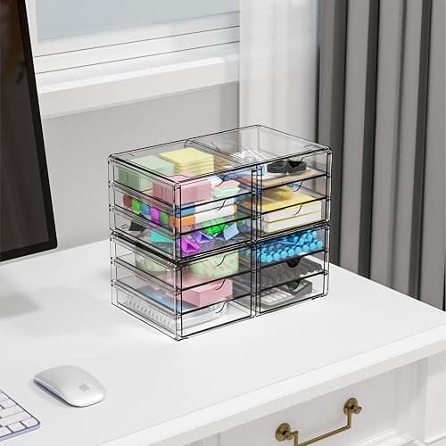 Yieach 2 Pack Acrylic Storage Drawers With 12 Small Drawer,Stackable Office Cabinet Organizer and Makeup Organizer,Clear Plastic Drawers for Craft Supply,Pen,Stationary,Accessory,Makeup,Desk Organizer thumbnail 3