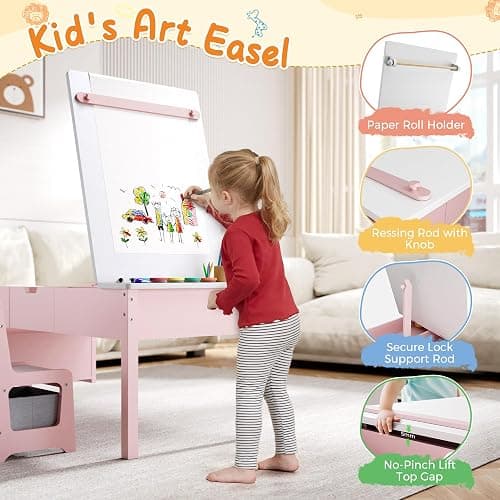 5-in-1 Kids Art Table and Chairs, Wood Toddler Table and Chair Set with Storage Drawers, Craft Play Desk for Kids, Convertible Art Easel with Paper Roll Holder, Children Activity Learning Center-Pink thumbnail 4