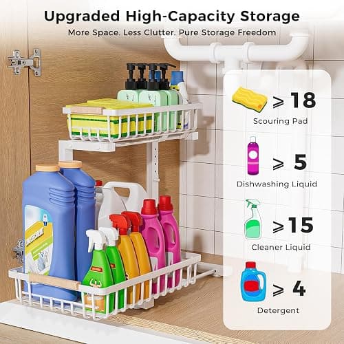 ENRUNEST Under Sink Organizer,2 Pack Under Kitchen Sink Organizer,2 Tier Sliding-Out,5 Level Height Adjustable,Thickened Carbon Steel,Anti-rust Treatment,For Kitchen Bathroom White thumbnail 3