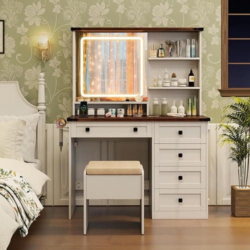 CHARMAID Vanity Desk with Mirror and Lights, Farmhouse Makeup Vanity Desk with 5 Drawers, 3 Shelves, Storage Chair, Charging Station, 42" White Vanity Dressing Table with Stool for Bedroom thumbnail 4