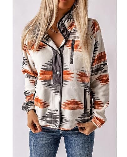 SELINK Womens Fleece Jacket Western Aztec Print Long Sleeve Snap Button Down Shacket Jackets with Pockets - Medium - Grey thumbnail 3