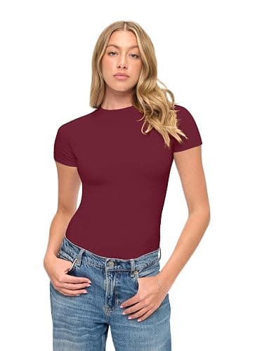 Natural Uniforms Womens Super Soft, Super Stretch Y2K Short Sleeve Baby Tee Crop Top - Burgundy - Small thumbnail 3